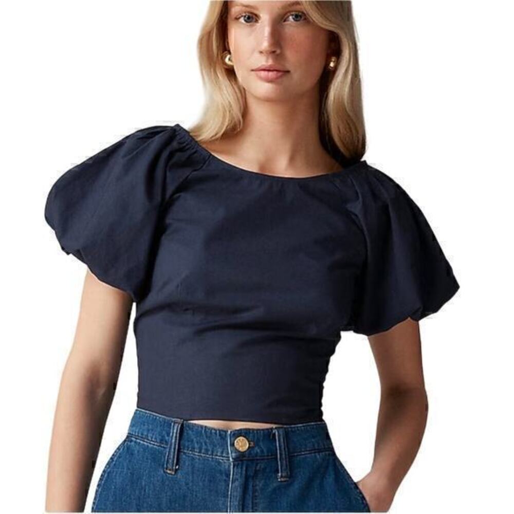 J.Crew Fitted puff-sleeve Cotton Poplin Top in Navy CA593 size 2 NWT